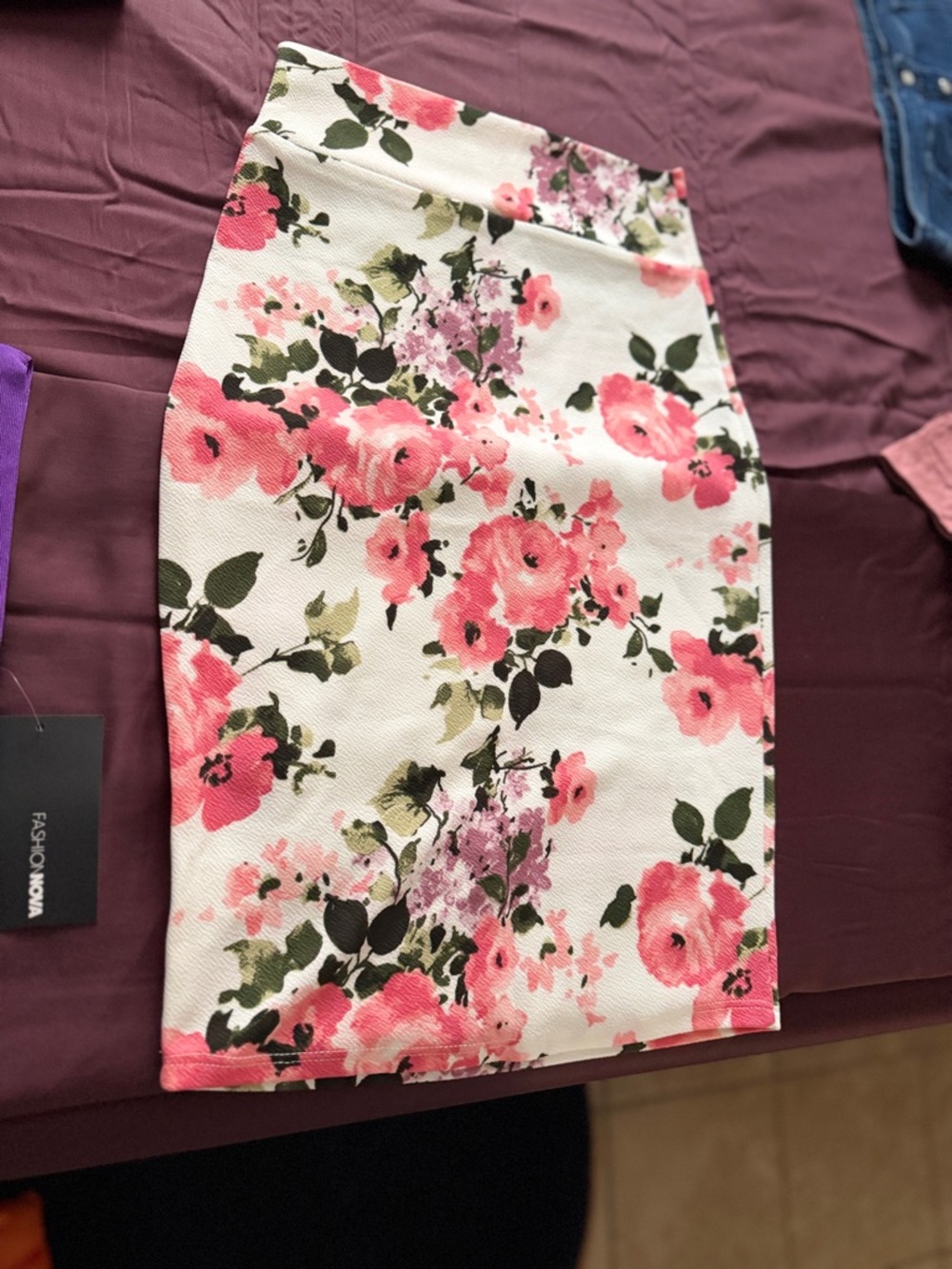 Fashion Nova White Floral Pencil Skirt with Pink and Orange Roses - Picture 4 of 6